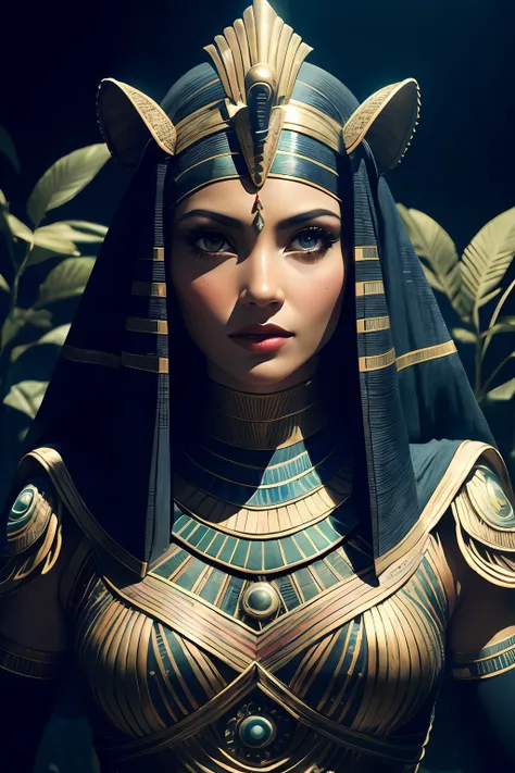 1 adult egyptian woman, green eyes, black hair flaps, makeups , upper body, looking at viewer, detailed background, detailed fac...