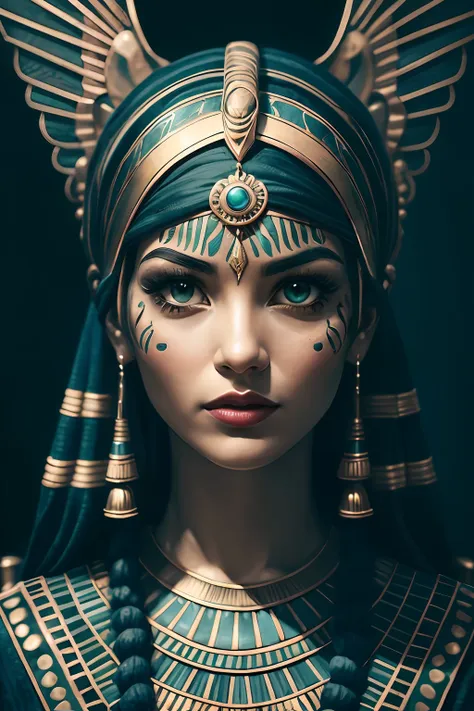 1 adult egyptian woman, green eyes, black hair flaps, makeups , upper body, looking at viewer, detailed background, detailed fac...