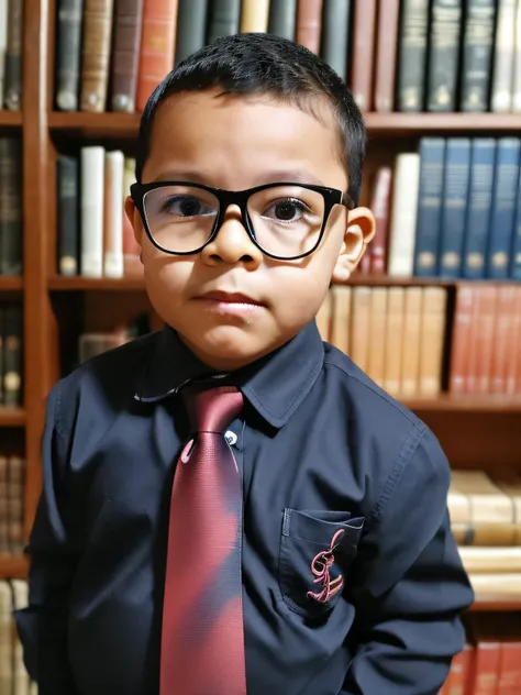 guttonerdvision6, realistic and award-winning portrait of a 3-year-old boy wearing glasses, with detailed face, skin and pores, brown eyes, hair with side machine cut, military style, gradient cut, realistic, wearing dress shirt and tie in a library settin...