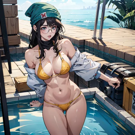 (masterpiece),(best quality:1.0), (ultra highres:1.0), detailed illustration, 8k, 1girl, Killjoy(valorant), Valorant, black eyes, green beanie, pool side, big breasts, 
yellow micro bikini, glasses, busty, standing, thick thighs, micro bikini, best quality...