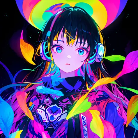 multicolored, 1girl, night, dark, black hair, looking at audience, upper body, facing audience, limited color palette, bright ba...