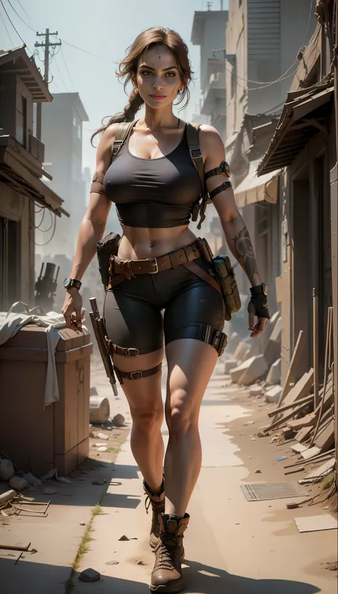 eva mendes : lara croft, (looking forward), (defiant look),(strained smile), in a post-apocalyptic setting, beautiful tomb raide...