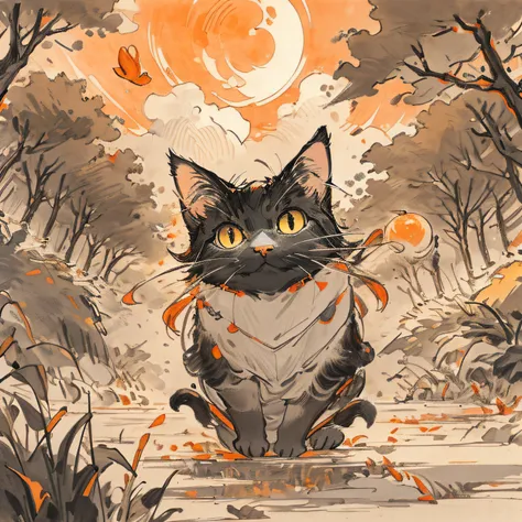 Red tabby cat, orange, cute, big eyes, masterpiece, full moon, yard