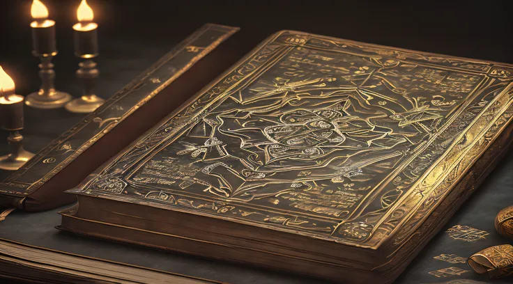 An ancient book with intricate engravings, containing forgotten spells and enchantments, Evokes a sense of wonder and curiosity, Dramatic lighting from an unknown source, Fantasy, intricate details, good anatomy, perfectly drawn, Insane detailed, 4k, cinem...