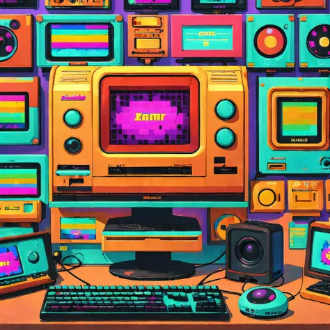 (best quality),(masterpiece),(ultra detailed),(high detailed),(extremely detailed),subject: nostalgic 90s tech screensavers medi...