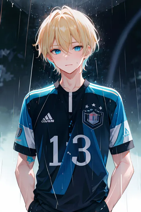 masterpiece, best quality, highres, 1boy, short hair, medium, short blond hair, cyan blue eyes, azure blue lock, german team foo...