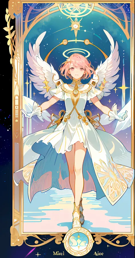 ((masterpiece,best quality)),(1girl, solo:1.4),beautiful detailed eyes, vivid, cinematic light, full_body, pink_flowers, (tarot_card), intricate, detailed background, looking_at_viewer, Madoka Kaname, hands reaching out, (flat chest), (walking), casual pos...