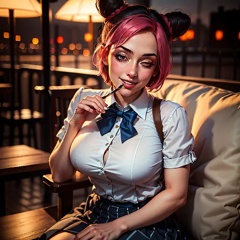 (8k, RAW photo, best quality, masterpiece: 1.2), (realistic, photo-realistic: 1.37), ultra-detailed, 1 girl, cute, solo, beautiful detailed sky, detailed coffee, night, sitting, dating, (nose blush), (smile: 1.1), (mouth closed), large breasts, seductive s...