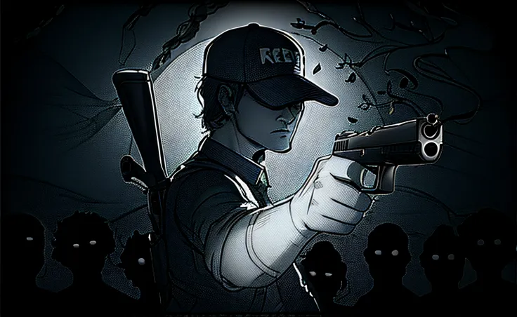 a cartoon of a man holding a gun in front of a horde of zombies, foreground boy with cap and a pistol, on the back, a rifle, key...