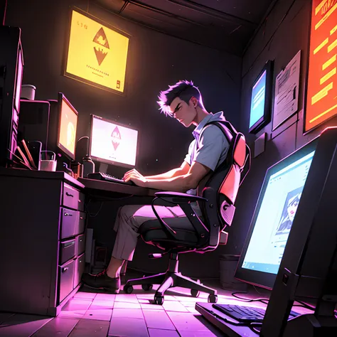 teen, male, angry, playing on computer, dark room, purple neon lighting, word hype frame. highly detailed, high quality, masterp...