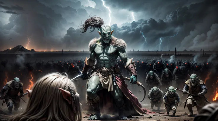 an epic battle scene unfolds before your eyes as an army of orcs, goblins, and blood-drinking vampire dwarves charges across a v...