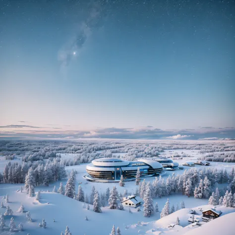 In a sophisticated and advanced futuristic scientific provisional laboratory manufactured in cubic rectangular modules, of different shapes very high, with 4 high floors in the middle of the desert of the frozen frozen Antarctic plain on a sunny day with t...