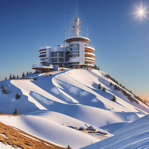 In a sophisticated and advanced futuristic scientific provisional laboratory manufactured in cubic rectangular modules, of different shapes very high, with 4 high floors in the middle of the desert of the frozen frozen Antarctic plain on a sunny day with t...