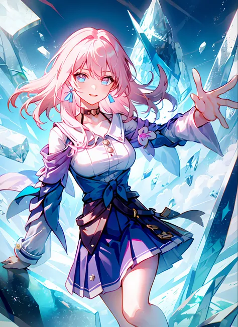 march 7th \(honkai: star rail\), 1girl, blue eyes, blue skirt, breasts, detached sleeves, earrings, ice, jewelry, long sleeves, ...