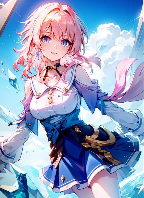 march 7th \(honkai: star rail\), 1girl, blue eyes, blue skirt, breasts, detached sleeves, earrings, ice, jewelry, long sleeves, ...