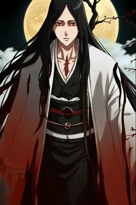 unohana, solo, white japanese shinigamis clothes, chest scar, red eyes, haori, (dark forest:1.2), moon