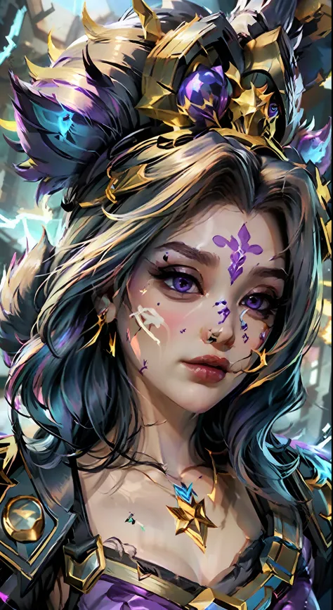 1 girl, Zeli, Zeli (League of Legends), Dream Rose (League of Legends), face markers, ball head, purple eyes, purple hair, purple cape