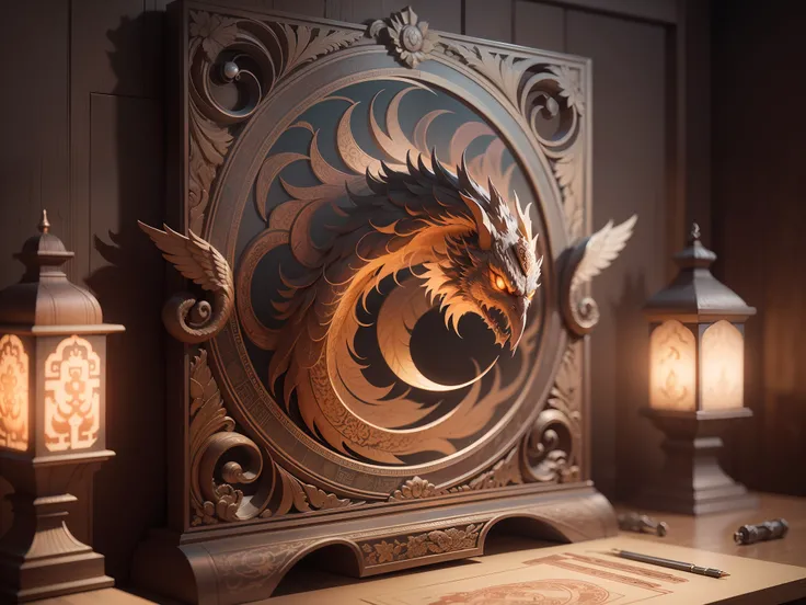 "Create with inspired ultra-detailed concept art" 3D relief, meticulously carved, phoenix and couple carving, spirit, traditional Chinese style, multi-dimensional paper fog crafts, ultra-wide angle view, dream, 8K, romantic, high resolution, 8k" masterpiec...