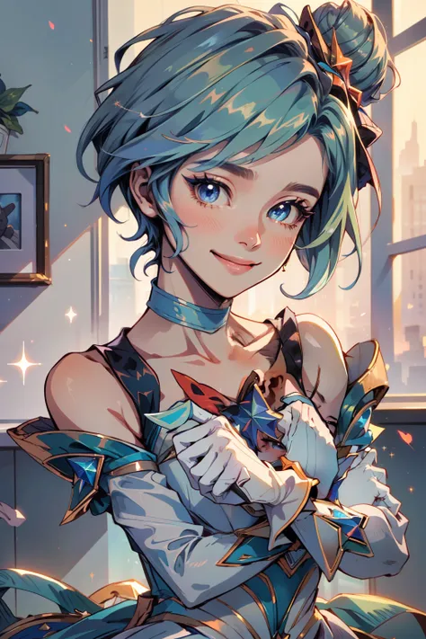 (masterpiece:1.4), (best quality:1.2), star guardian orianna, blue hair, hair bun, ballerina, short dress, white gloves, smile, ...