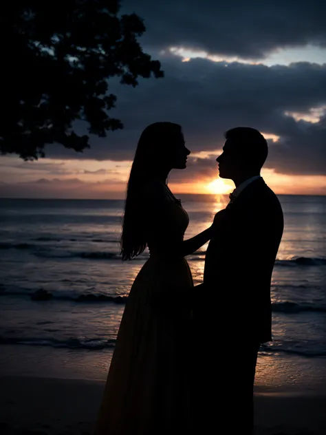(silhouette a happy couple embracing on the beach at sunset), (distant), (man and woman), (woman in long dress: 1.3), (man in suit), beautiful kiss, (rays of sun: 1.3), sun setting, golden light, hazy lighting, depth of field, blue sea, (oil paint: 1.2), a...