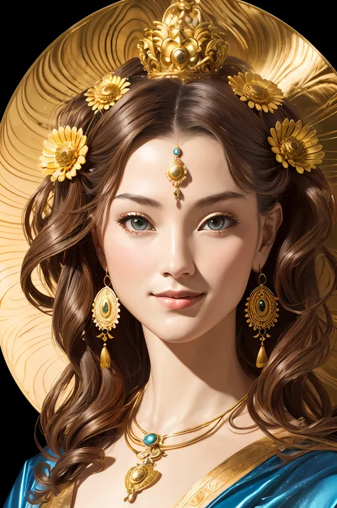 1 goddess Bodhisattva, smile, gorgeous flowing hair, portrait, (smooth and natural skin), decoration, Alphonse Mucha, (realistic: 1.4), complex, detailed, 
(good anatomy, good proportions, good composition, award-winning, best quality, masterpiece: 1.45), ...
