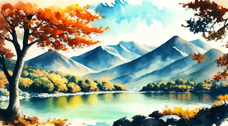 white background, landscape, paint, mountains, water, trees, orange and green watercolor style