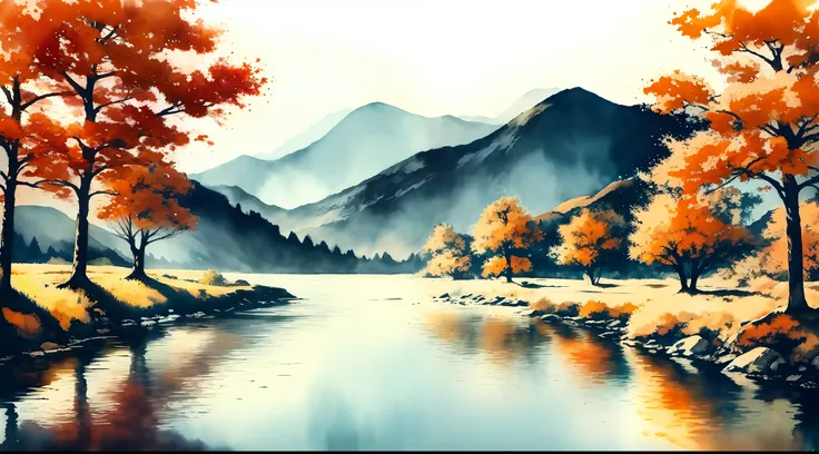 white background, landscape, paint, mountains, water, trees, orange and green watercolor style