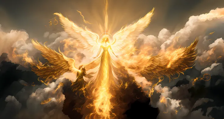 wings of a golden angel in the clouds, with fiery golden wings, epic angel wings, infinite angelic wings, wings made of light, w...