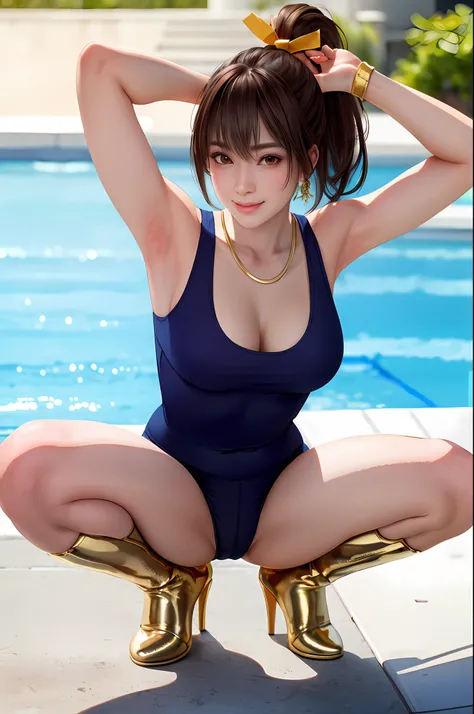 masterpiece, highest image quality, best quality, 8k quality, 1 girl, blurred, smiling, embarrassed, blush, light brown hair, ponytail, yellow ribbon at the base of the ponytail, little big, golden metallic, tank top, hot pants, high leg, (((strong penetra...