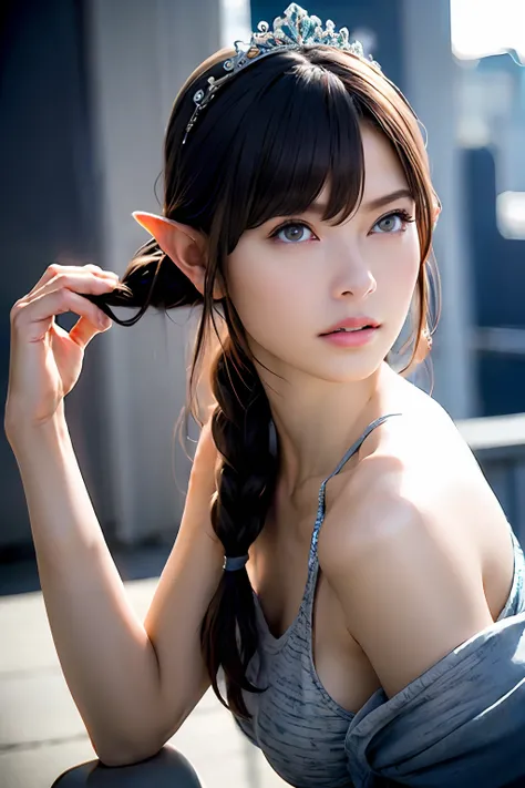 Ultra-detailed complex 3D rendering of the face, (Colossal: 8.8), (masterpiece, top quality, octane rendering, 8K), glamour shot full body image, very beautiful young elf, cleavage, (very detailed skin: 1.2), (exposure: 1.1), (blonde elf)))), (wearing a pl...