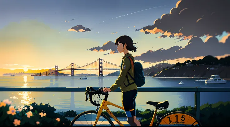 (bike: 1.5), (realistic bike: 1.5), (realistic cyclist: 1.5), back cyclist, close-up shot, california, san francisco, golden gat...