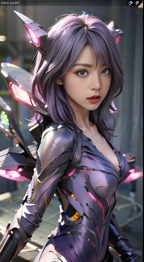 1girl, kai'sa, league of legends, kasa, purple wings, deep purple hair, purple eyes, serious expression, intense glare, looking ...