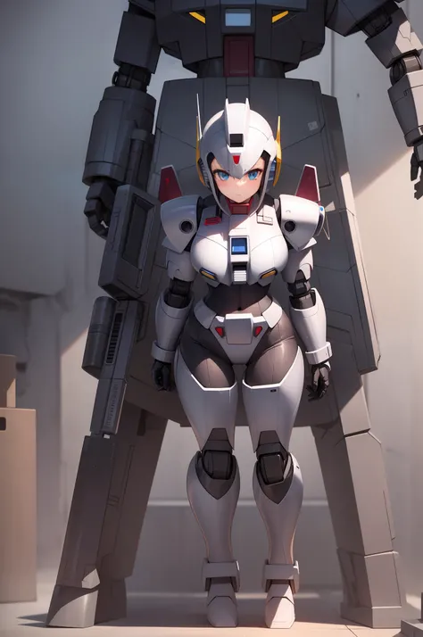 Girl wearing latex suit with Mech armor on top, heavy gundam armor, heavy megaman armor, robocop armor, cybernetic heavily armored boots, cybernetic heavily armored gloves, cybernetic heavily armored torso