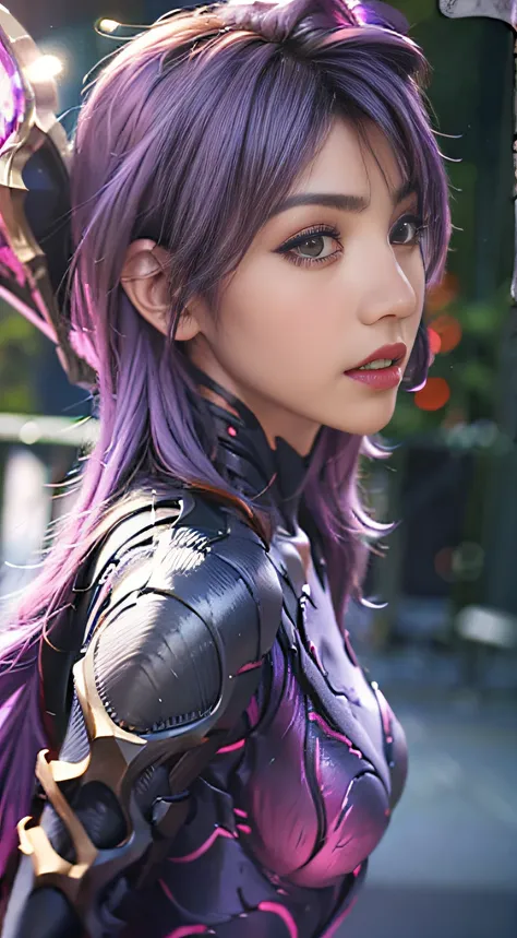 1girl, kai'sa, league of legends, kasa, purple wings, deep purple hair, purple eyes, serious expression, intense glare, looking ...