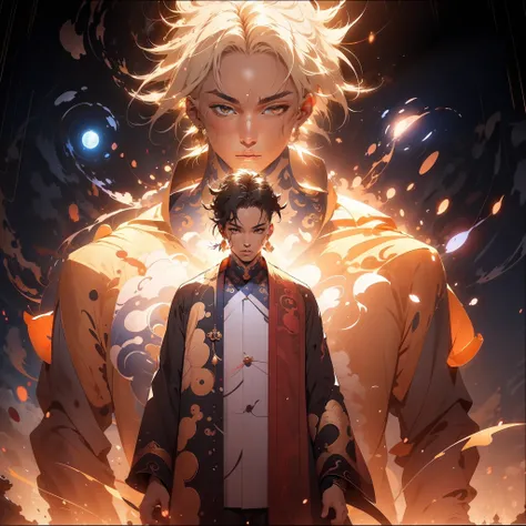 , (masterpiece: 1.2), best quality, pixiv, taoism, a character standing in front of a blond glowing taoist, transparent,