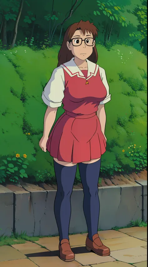 Koyomi Mizuhara, Brunette hair, brown hair color, long hair, bangs, glasses, teenager, Sailor school outfit, red top, brown skirt, black thigh socks, brown shoes, Highschool, tall girl, breasts,