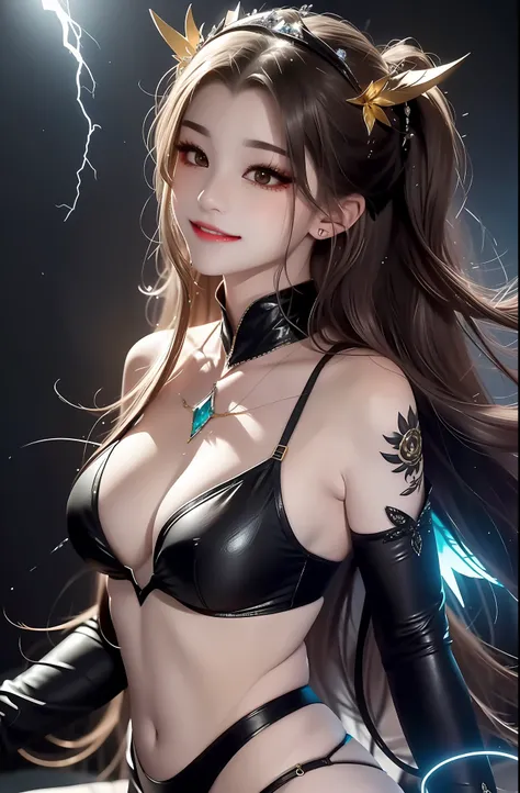 Masterpiece, top quality, brown hair, blue lightning, realistic, realistic details, high detail. Blue clothes. Blue Thunder. Blue crystal. Black suspended particles. Black smoke. Black crystals around. Black smoke wafts around. Warping the body. Warping th...