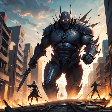 a huge titan destroying a medieval metropolis, big buildings, humanoid, bizarre, people fleeing, despair, chaos, crowds, high de...