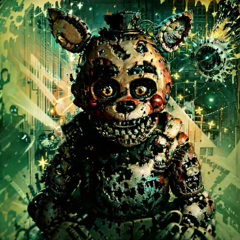 The yellow fox animatronic from Fnaf is seen with its black eyes and its damaged metallic body. Its holding a boombox in its chest, as if its ready to start playing it. The animatronic is a bright yellow color, with a black bow tie and hat. Its body is cov...