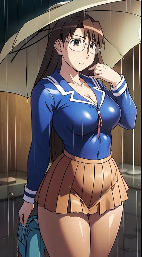 Koyomi mizuhara, brunette hair, girl, glasses, pouty kiss, breasts, cleavage in view, swiftly sailor outfit, brown skirt, soaking wet, in the rain, cameltoe view