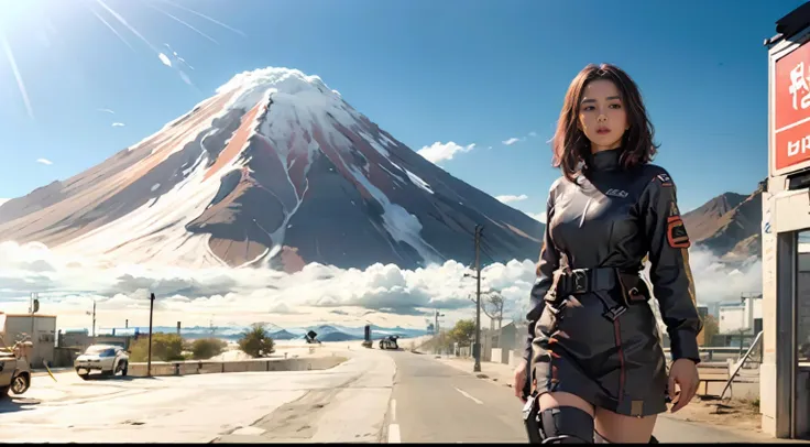 there is a man standing next to a sign that says the way to the top of a mountain, in background, with a volcano in the backgrou...