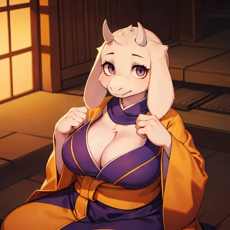 toriel in kimono, high details, large breasts and abundant neckline, anthropomorphic monster, right body, improved face, improve...