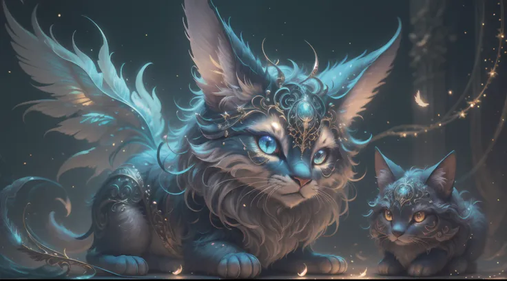 generate a celestial non-human animal in the style of celestial and fantasy. the animal should be the most beautiful animal ever created. Consider details like fluffy and feathers and silk and satin and shimmer and glimmer. Include subtle details of phanta...