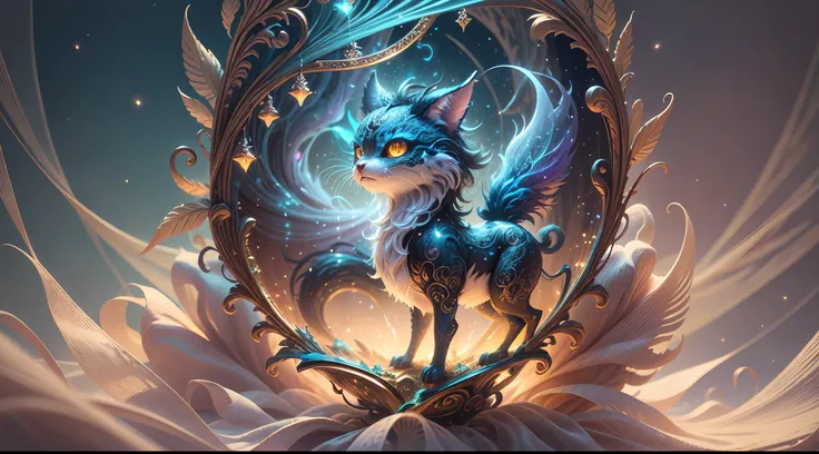 generate a celestial adorable non-human animal in the style of celestial and fantasy. the animal should be the most beautiful animal ever created. Consider details like fluffy and feathers and silk and satin and shimmer and glimmer. Include subtle details ...