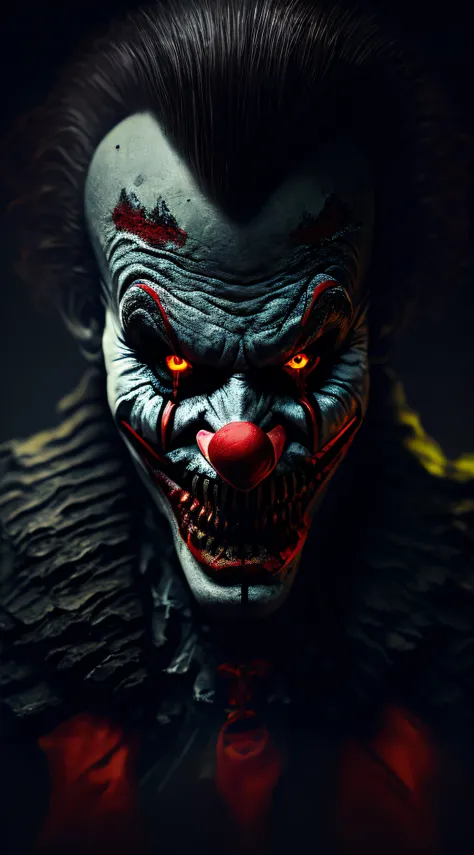 horror, creepy clown, sharp teeth, spooky, evil, blood, dark, moody, cinematic, portrait, half face