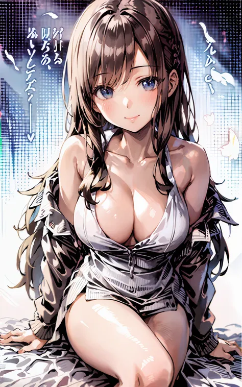 Masterpiece, Excellent, 1 Female, Solo, Long Hair, Brunette Hair, Feathers, Closed Mouth, Bare Shoulders, Cleavage, Light Smile, (Seated: 1.3),