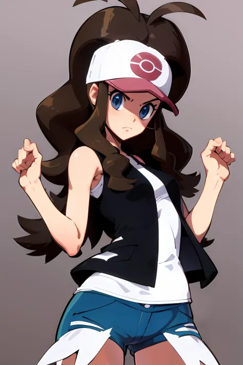 hilda \(pokemon\), denim shorts, sleeveless shirt, white shirt, black vest, serious, baseball cap, white headwear