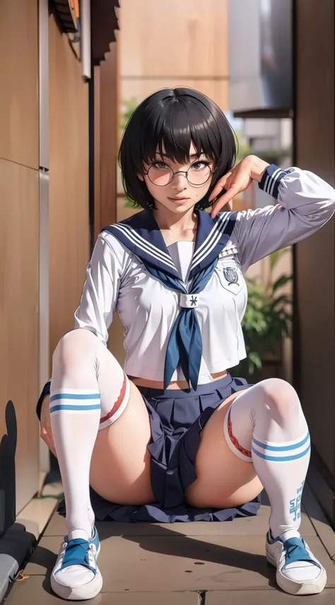 suzuka, black hair, short hair, bangs, glasses, teenager, sailor school outfit,white/blue shirt blue skirt, black thigh socks, b...