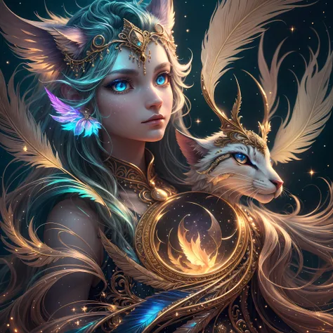 generate a celestial adorable non-human animal in the style of celestial and fantasy. the animal should be the most beautiful animal ever created. Consider details like fluffy and feathers and silk and satin and shimmer and glimmer. Include subtle details ...