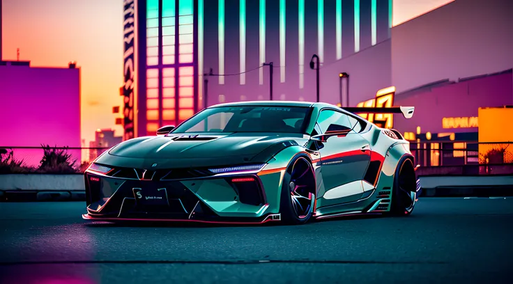 swpunk, synthwave, paint splatters, (extremely detailed 8k wallpaper), a medium shot photo of a futuristic concept car parked in...